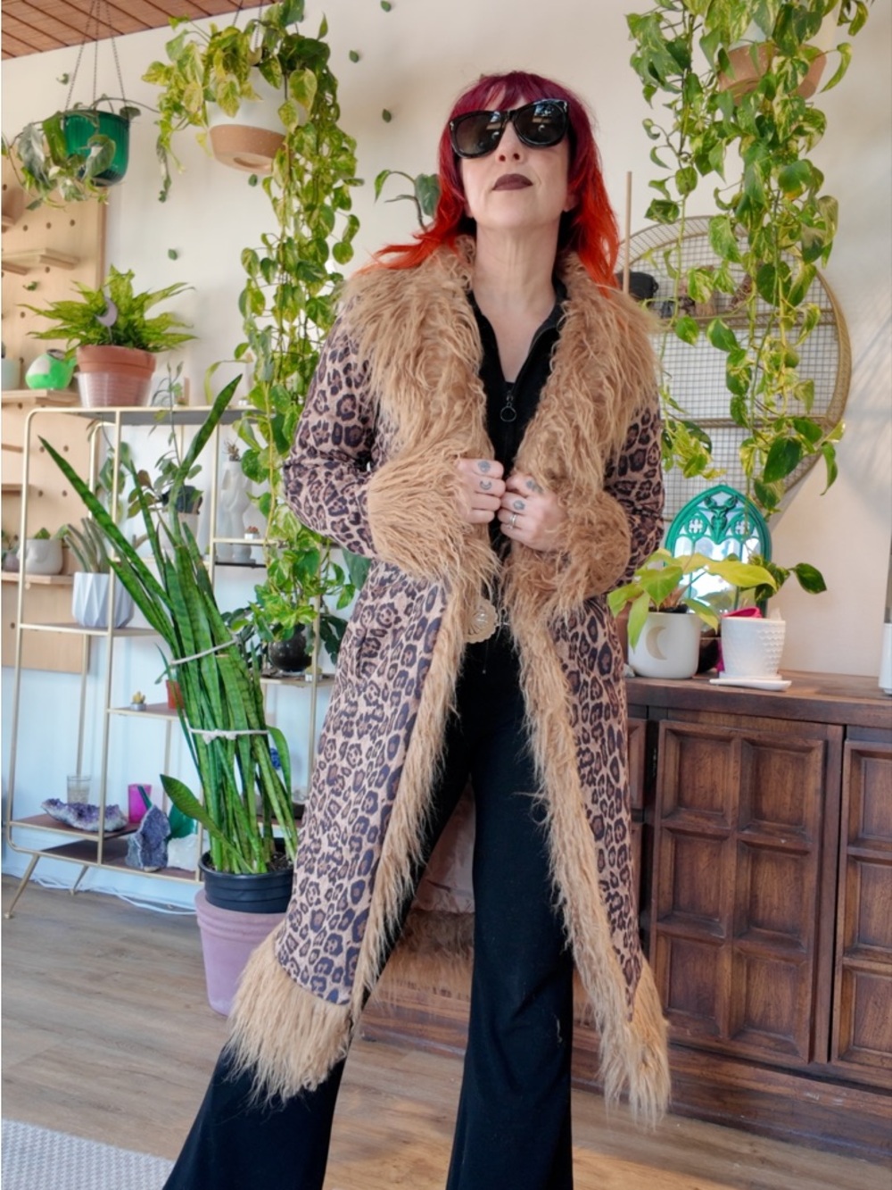 Leopard Print Faux Fur-Trim Trench Coat - Brown - very Penny Lane